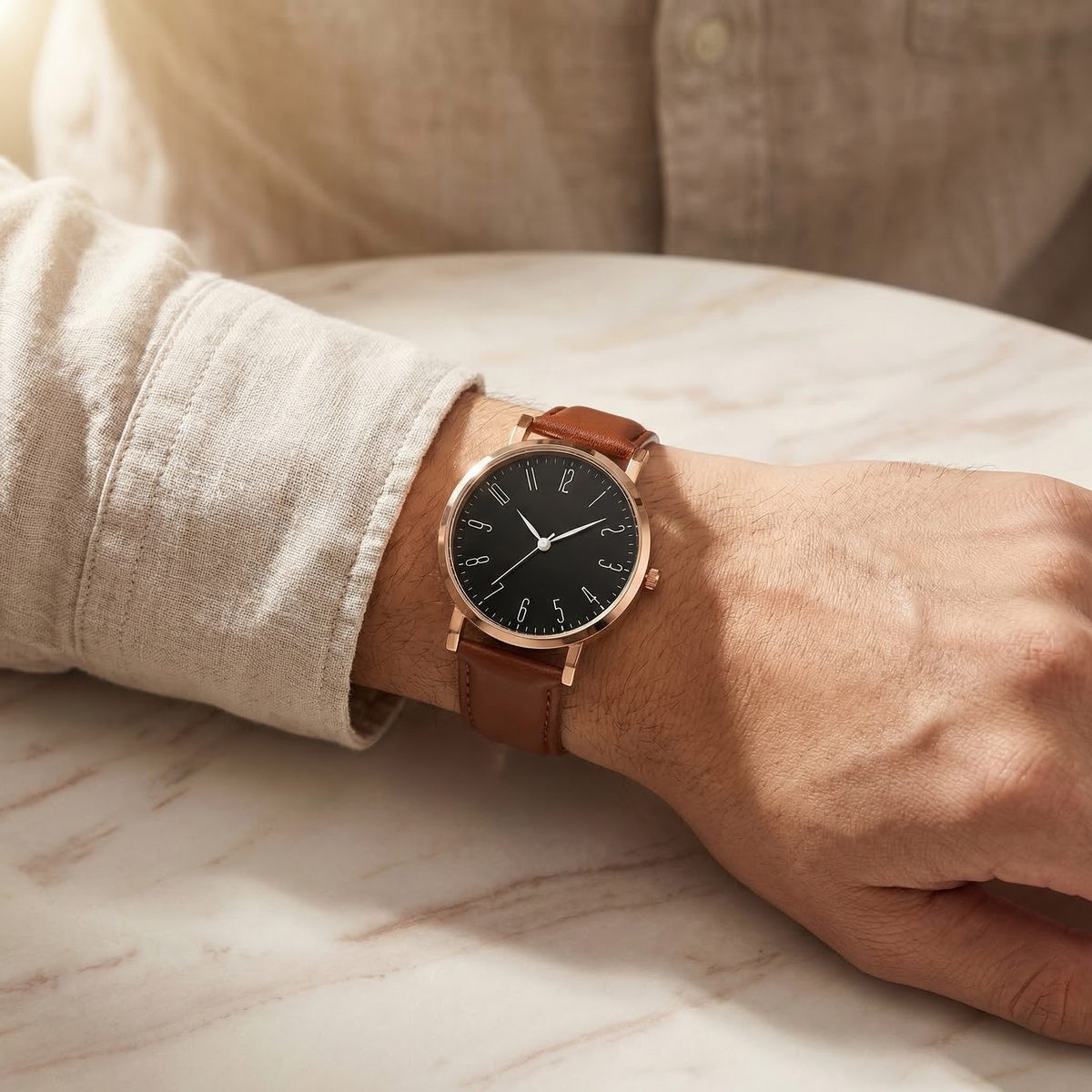 Classic Rose Gold Leather Strap Watch