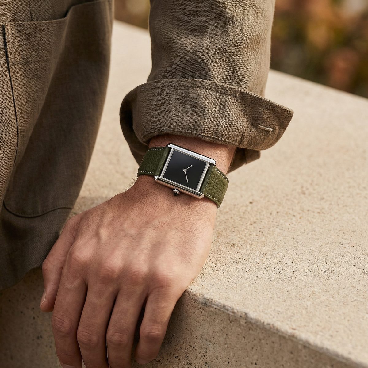 Minimalist Rectangular Green Leather Watch