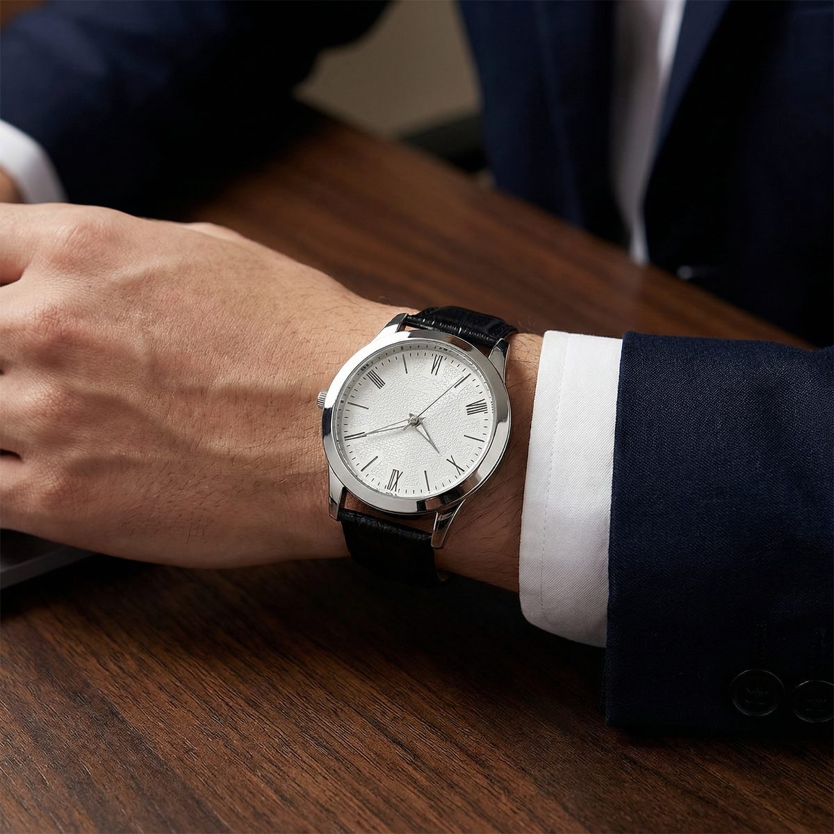 Classic Silver Roman Numeral Leather Watch