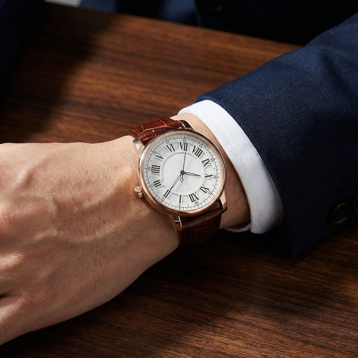 Rose Gold Automatic Leather Dress Watch