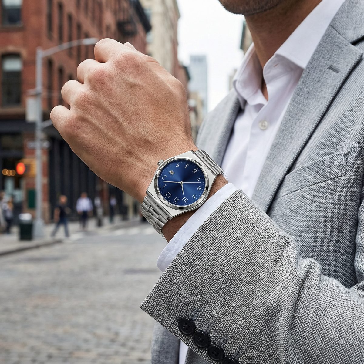 Stainless Steel Blue Sunburst Dial Watch