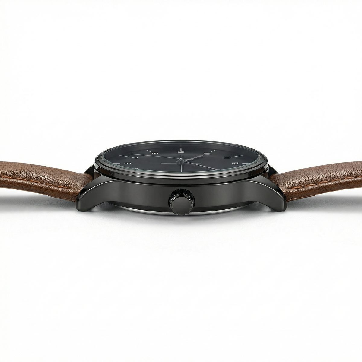 Minimalist Black Case Brown Leather Watch